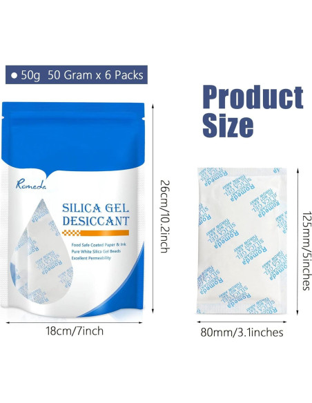 6 Paquetes de Gel de Silica 50g Romeda - Deshidratante Seguro 6 Paquetes de Gel de Silica 50g Romeda - Deshidratante Seguro