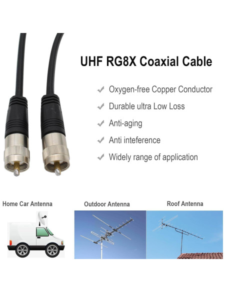 Cable Coaxial RG8X 30m con Conectores UHF PL259 Macho Cable Coaxial RG8X 30m con Conectores UHF PL259 Macho