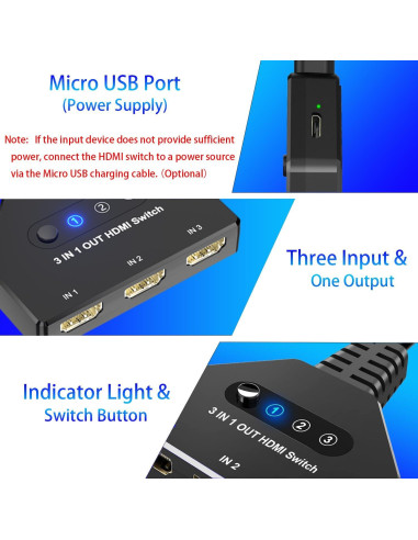 Conmutador HDMI 3 en 1 AUKOKIOULA 4K@30Hz Soporta 1080P 3D