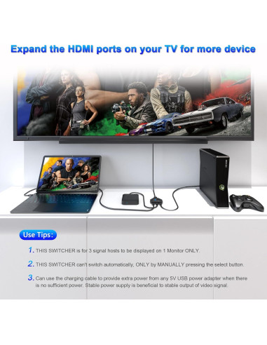 Conmutador HDMI 3 en 1 AUKOKIOULA 4K@30Hz Soporta 1080P 3D