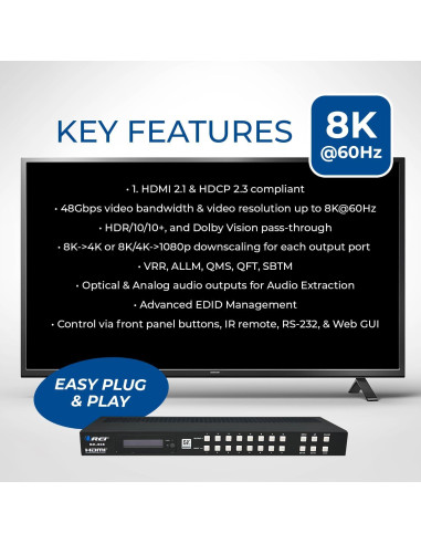 Interruptor HDMI Matriz 8K OREI BK-808 8x8 con Extractor de Audio