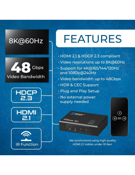 Interruptor HDMI 8K OREI BK-301 3x1 con Control Remoto 48Gbps Interruptor HDMI 8K OREI BK-301 3x1 con Control Remoto 48Gbps