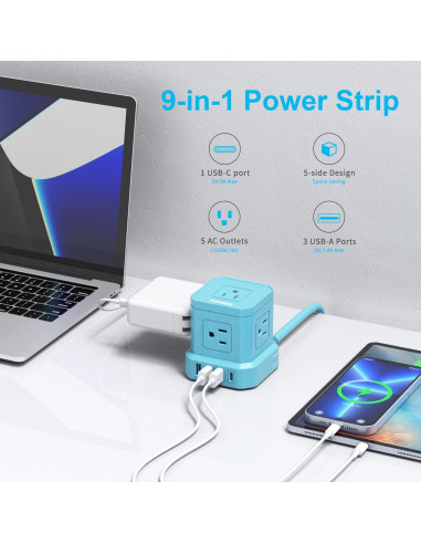 Regleta USB-C y USB-A TOPREK 5 Salidas AC 3.05m Azul