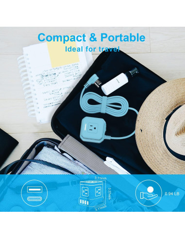 Regleta USB-C y USB-A TOPREK 5 Salidas AC 3.05m Azul