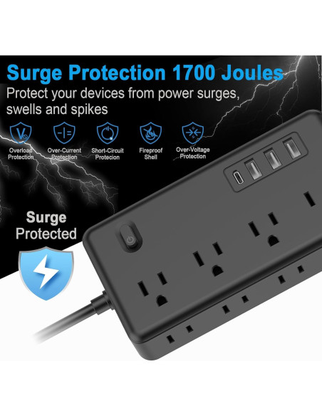 Regleta de Sobretensión Bi-silque 6 Salidas 3 USB 1 USB-C 1700J Regleta de Sobretensión Bi-silque 6 Salidas 3 USB 1 USB-C 1700J