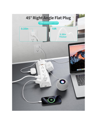 Protector de Sobretensión HOPOW 10FT 12 Salidas AC 4 USB Blanco
