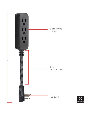 Regleta GE de 3 Salidas con Cable Trenzado de 15.24 cm Negro