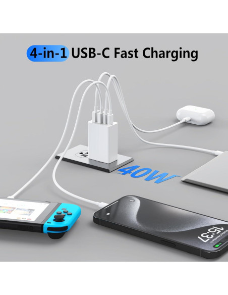 Cargador USB C Rápido 40W iGENJUN 4 Puertos Blanco Cargador USB C Rápido 40W iGENJUN 4 Puertos Blanco