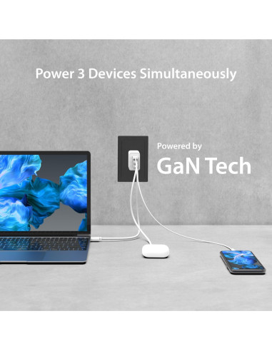 Cargador j5create 65W GaN USB-C 3 Puertos Compacto JUP3365