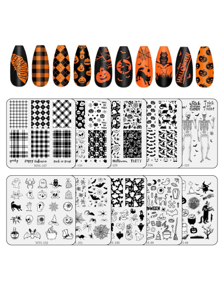 Kit de Placas de Estampado de Uñas Halloween Whaline 10 Pcs Kit de Placas de Estampado de Uñas Halloween Whaline 10 Pcs