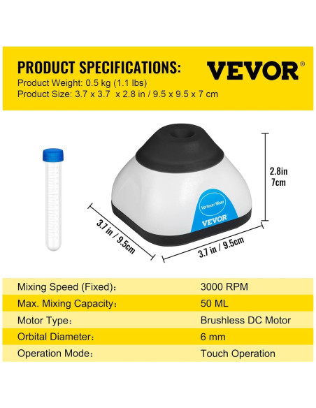 Mezclador Vortex Mini VEVOR 3000RPM 50mL Táctil Científico Mezclador Vortex Mini VEVOR 3000RPM 50mL Táctil Científico