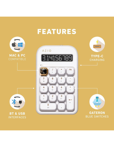 Calculadora Mecánica Inalámbrica AZIO IZO - Blanco/Oro, Bluetooth 5.0 Calculadora Mecánica Inalámbrica AZIO IZO - Blanco/Oro, Bluetooth 5.0