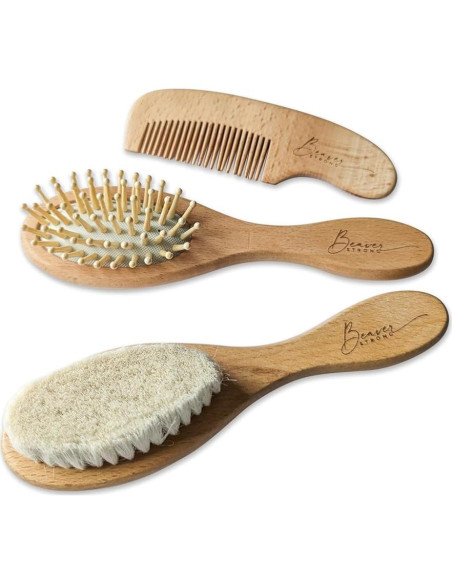 Juego de Cepillo y Peine de Madera BeaverStrong - 3 Piezas para Bebés Juego de Cepillo y Peine de Madera BeaverStrong - 3 Piezas para Bebés