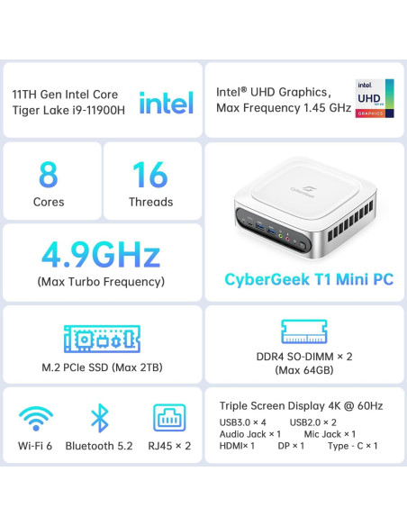 Mini PC CyberGeek T1 i9-11900H 16GB RAM 1TB SSD Wi-Fi 6 Mini PC CyberGeek T1 i9-11900H 16GB RAM 1TB SSD Wi-Fi 6