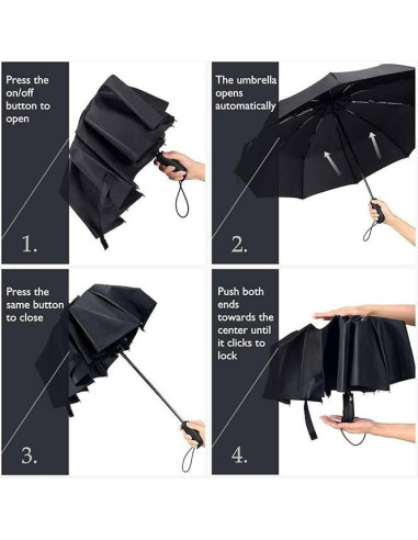 Paraguas Plegable Automático Noori Bros Negro 94 cm Resistente Viento