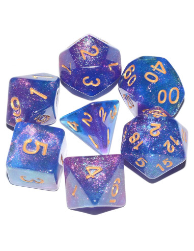 Dados DND Galaxy Anduin 7 Piezas Brillo Púrpura Azul