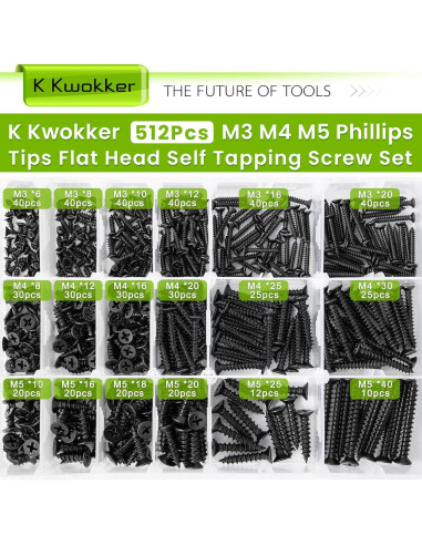 Kit de Tornillos Autoperforantes K Kwokker 512 Pcs M3 M4 M5