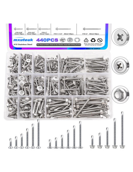 Tornillos Autoperforantes de Acero Inoxidable mxuteuk 440PCS Tornillos Autoperforantes de Acero Inoxidable mxuteuk 440PCS