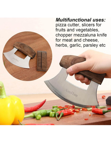 Cortador de Pizza AmHoo Ulu Mango Madera Nogal Acero Inoxidable