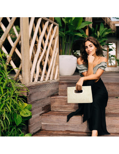 Bolso de Mano de Paja Beige para Mujeres con Asa y Cadena