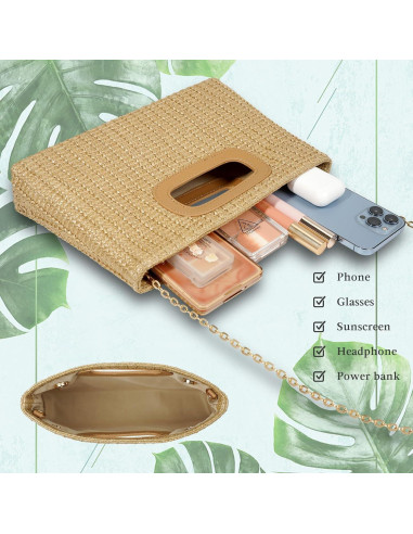 Bolso de Mano de Paja Beige para Mujeres con Asa y Cadena