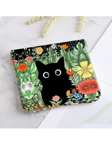 Monedero Pequeño de Cuero Sintético TLQ24 - Diseño Floral y Gato