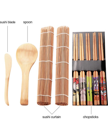 Kit de Sushi Nikou - 8 Piezas de Bambú, Incluye Esteras y Palillos