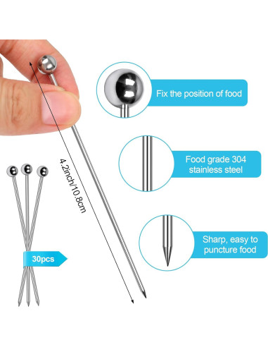 30 Pcs Palillos de Cóctel de Acero Inoxidable PECULA 10.8 cm