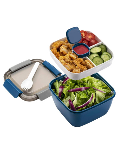 Contenedor de Ensalada Freshmage 1.5 L con 3 Compartimentos Azul