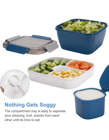 Contenedor de Ensalada Freshmage 1.5 L con 3 Compartimentos Azul