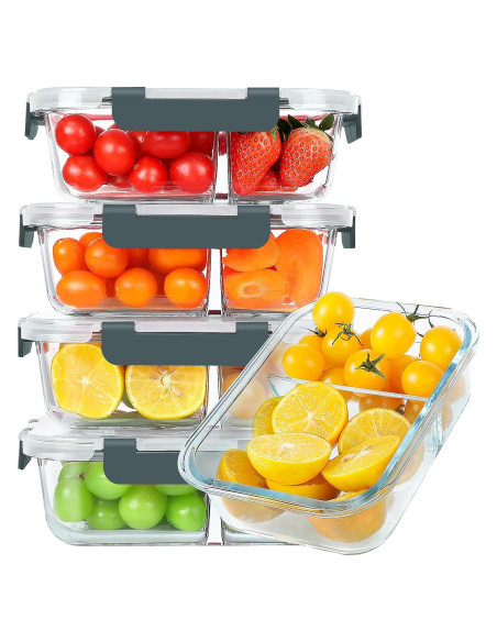 Pack de 5 Contenedores de Vidrio KOMUEE 30 oz 2 Compartimentos Pack de 5 Contenedores de Vidrio KOMUEE 30 oz 2 Compartimentos