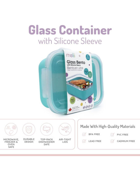 Caja Bento de Vidrio Melii 740ml con Manga de Silicona Azul Caja Bento de Vidrio Melii 740ml con Manga de Silicona Azul
