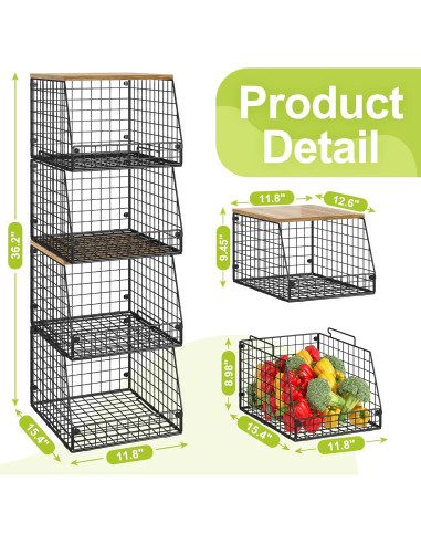 Paquete de 4 cestas apilables Jakyitvi con tapa de madera