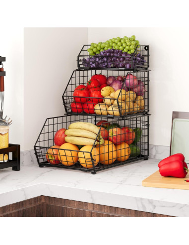 Cesta de Frutas Apilable Yuzehuaza 3 Niveles Negro Acero