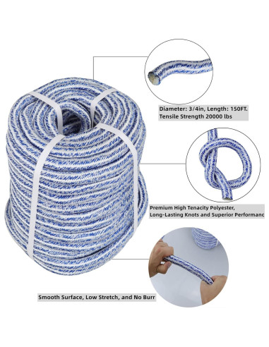 Cuerda de poliéster trenzada TINVHY 1.9 cm x 45.72 m 20000 kg