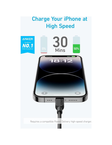 Cable USB C a Lightning Anker 310 0.91m Negro MFi Cable USB C a Lightning Anker 310 0.91m Negro MFi