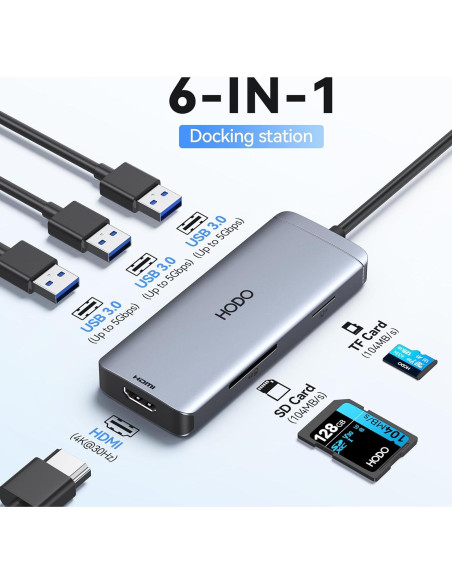 Adaptador Hub USB C HODO 6 en 1 HDMI 4K y 3 USB 3.0 Adaptador Hub USB C HODO 6 en 1 HDMI 4K y 3 USB 3.0