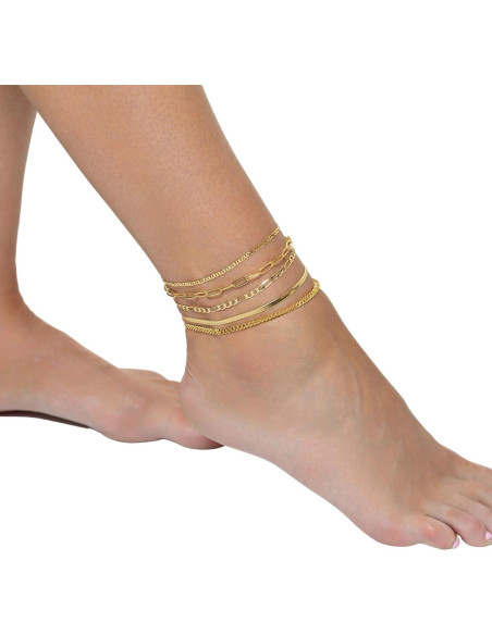 Conjunto de 5 Pulseras de Tobillo de Oro 14k GMSOL Ajustables Conjunto de 5 Pulseras de Tobillo de Oro 14k GMSOL Ajustables