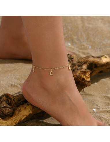 Tobillera de Oro 18K para Mujeres con Charm de Luna y Delfín