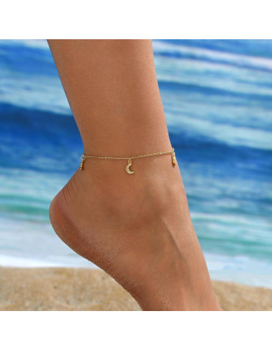 Tobillera de Oro 18K para Mujeres con Charm de Luna y Delfín