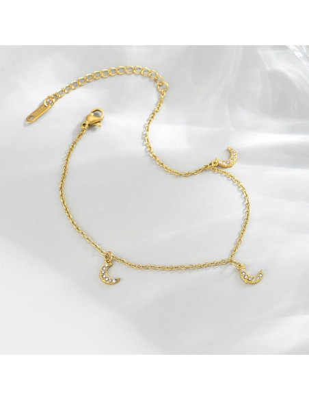 Tobillera de Oro 18K para Mujeres con Charm de Luna y Delfín Tobillera de Oro 18K para Mujeres con Charm de Luna y Delfín