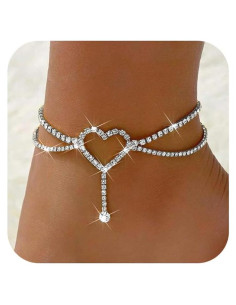 Pulsera de Tobillo de Plata Fesciory con Rhinestones Ajustable