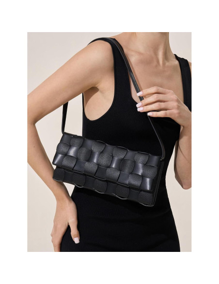 Bolso de Noche Tejido para Mujeres PU Negro 29.6x15.3cm Bolso de Noche Tejido para Mujeres PU Negro 29.6x15.3cm