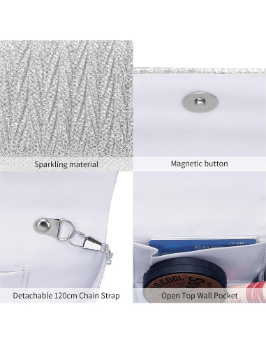 Cartera de Mano Brillante Plateada para Mujeres 20x5.5x10cm