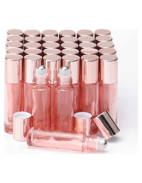 Botellas de vidrio con rodillo JIUW 33Pcs 10ml Oro Rosa Botellas de vidrio con rodillo JIUW 33Pcs 10ml Oro Rosa