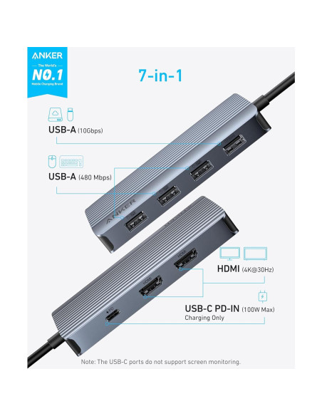 Hub USB-C Anker 7-en-1 Doble HDMI 100W 10Gbps Hub USB-C Anker 7-en-1 Doble HDMI 100W 10Gbps