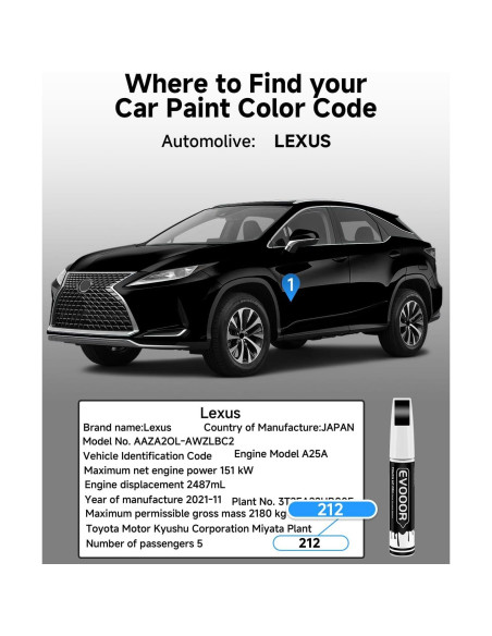 Pintura de Retoque EVOOOR Obsidiana 212 para Lexus 11.8 ml Pintura de Retoque EVOOOR Obsidiana 212 para Lexus 11.8 ml