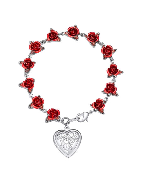 Pulsera de Enlace Rosa Roja U7 con Locket para Mujeres 19cm Pulsera de Enlace Rosa Roja U7 con Locket para Mujeres 19cm