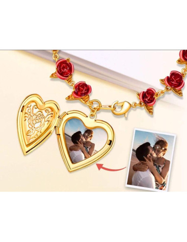 Pulsera de Enlace Rosa Roja U7 con Locket para Mujeres 19cm