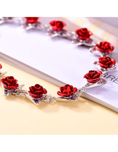 Pulsera de Enlace Rosa Roja U7 con Locket para Mujeres 19cm